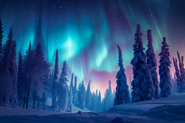 Fototapeta premium A stunning winter landscape at night showcasing vibrant aurora borealis over snow-covered pine trees in a serene, icy wilderness
