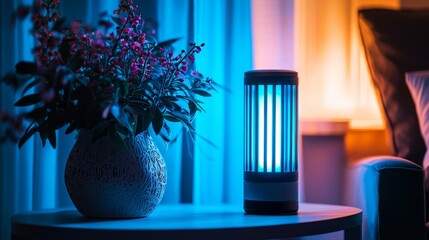 an insects mosquito electric blue light killer lamp is put on the nice wooden table with small plant in yellow children bedroom to protect the mosquito during sleeping time at night