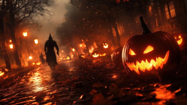 A haunting Halloween scene featuring a spooky street illuminated by glowing jack-o'-lanterns and a mysterious figure in the fog.