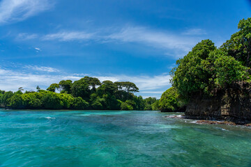 Fototapeta premium Tropical Island Paradise with Crystal Clear Water, Lush Greenery, and Serene Beaches - Stunning Caribbean Landscape for Eco-Tourism, Adventure, and Unspoiled Nature Travel Destinations