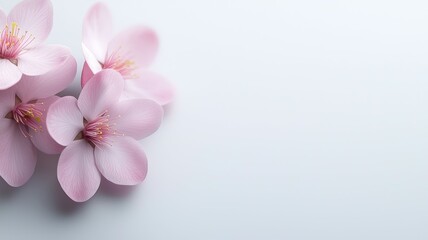 A close up of three pink flowers with a white background