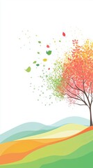 Obraz premium A vibrant illustration of a tree amid an autumn breeze, with colorful leaves blowing across a serene countryside landscape, captures the peaceful essence of fall.