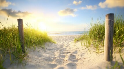 A beach with a path leading to the water
