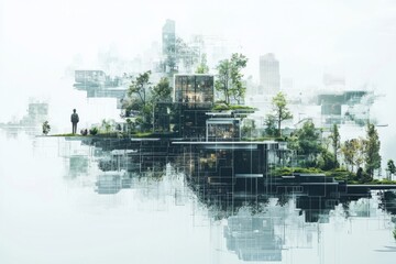 Naklejka premium Futuristic Cityscape with Green Rooftops.