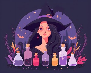Enchanting witch illustration with colorful potion bottles, perfect for Halloween and magical themes.