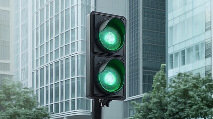 A vibrant green traffic light displayed against a modern urban backdrop, symbolizing safety and the flow of vehicles in a bustling city environment.