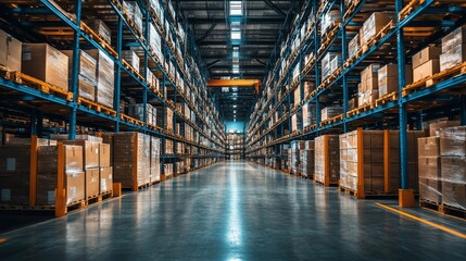 Industrial scene of neatly arranged pallets, reflecting a high-tech distribution center's role in global logistics, with clear paths for machinery