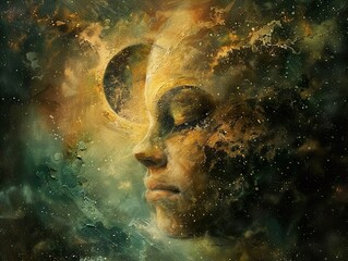 A surreal painting of a woman's face emerging from a nebula, with a crescent moon in the background.