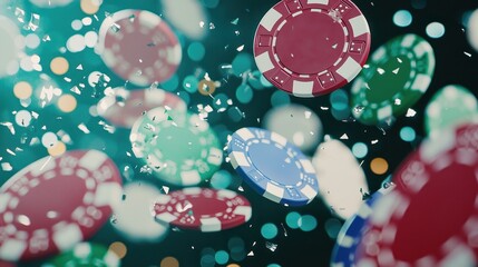 Colorful Casino Chips Falling Through Air with Bokeh Lights