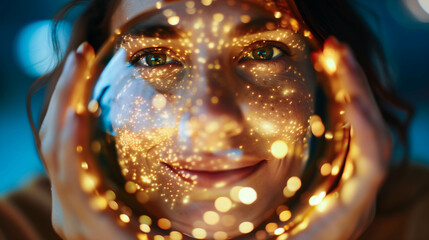 Woman's Face Illuminated by Glowing Lights