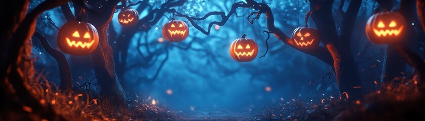 Fototapeta premium A spooky Halloween forest scene with glowing jack-o'-lanterns illuminating the dark, misty surroundings, perfect for festive imagery.