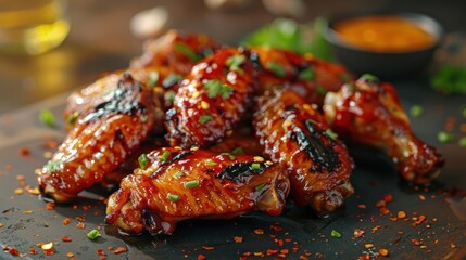 A tempting plate of buffalo wing dip, topped with spicy peppers and served on a wooden table.