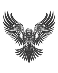 Obraz premium A grayscale illustration of a hawk with its wings spread wide, soaring through the air.