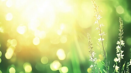 Obraz premium Summer Sun Shining Through Green Grass and Flowers