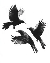 Obraz premium Three black crows in flight, drawn in black and white on a white background.