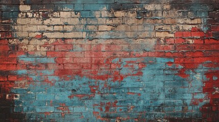 A brick wall with peeling paint in red, blue, and beige tones.