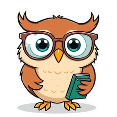 Naklejka premium A cartoon owl wearing glasses and holding a book.
