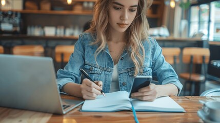 Fototapeta premium Young woman writing notes, using phone and laptop at coffee shop, studying online, remote work, business tasks, casual wear, denim shirt, digital devices, surfing web, e-learning, homework
