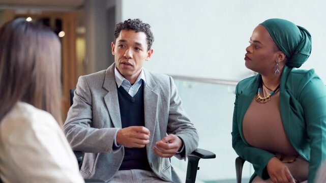Business people, office and staff support counselor in circle for healing and workplace empathy workshop. Human resources, mental health help and conflict solution seminar with open communication