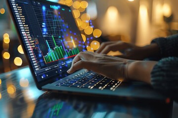 Hands using laptop with digital Gantt chart on screen focusing on business project planning time management and productivity
