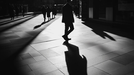 Businessman walking in city with long shadows