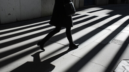Businesswoman walking in city with strong shadows