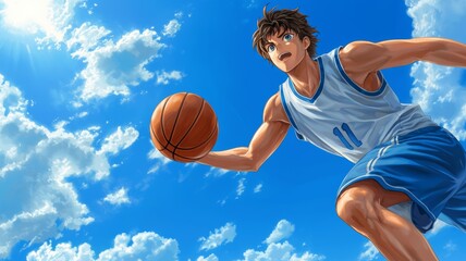 Fototapeta premium A man in a basketball jersey is holding a basketball and jumping in the air