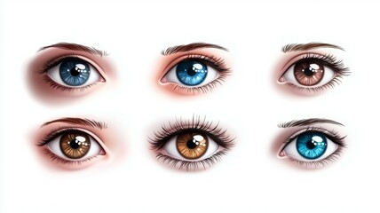 A close up of six different colored eyes, each with a different shade of blue