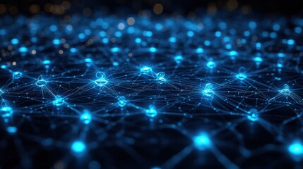 Abstract glowing blue network of interconnected dots representing data, communication, or technology.