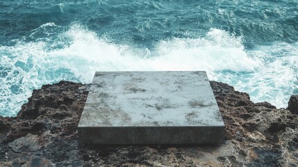 Concrete podium floor on a rugged coastline, with waves crashing against the rocks and room for a message
