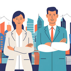 Successful businessman standing with arms crossed and city in the background.