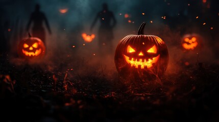 Fototapeta premium A spooky Halloween scene with glowing jack-o'-lanterns in a dark, misty environment, evoking a sense of eerie celebration.