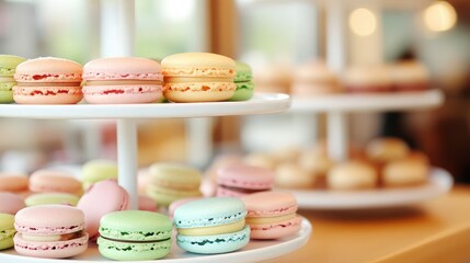 Fototapeta premium Delicious assortment of colorful macarons displayed elegantly on a tiered stand, perfect for any dessert lover.