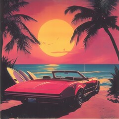 80s beach scene with a red convertible parked in the sand, surfboards sticking out the back, sunset glows, palm trees silhouetted
