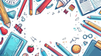 A colorful illustration of school supplies and a book with various items on white background.