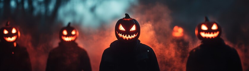 Fototapeta premium A spooky Halloween scene with menacing jack-o'-lanterns glowing amidst a foggy forest, creating an eerie atmosphere.