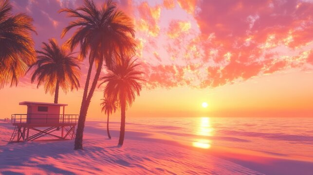 80s beach sunset with a pink and orange sky, vintage lifeguard tower, palm trees casting long shadows, warm sand underfoot - Powered by Adobe