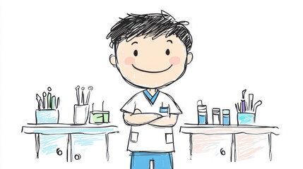 Illustration of a smiling cartoon doctor standing with medical equipment on both sides, ideal for healthcare-related designs.