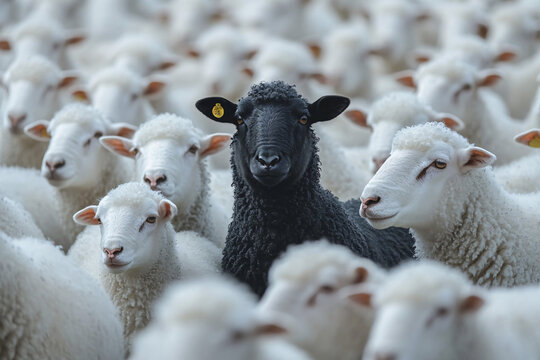 Black sheep among white ones, dare to be different, standing out from crowd, be yourself concept. Suitable for motivation, individuality, and diversity themes.