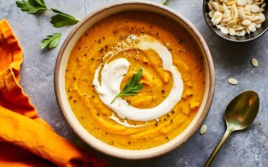 Tasty Homemade Pumpkin Soup with White Cream, Top view rustic Wooden Table Autumn Halloween Concept