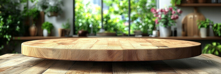 Fototapeta premium Wooden tabletop with a blurred background of a rustic kitchen.