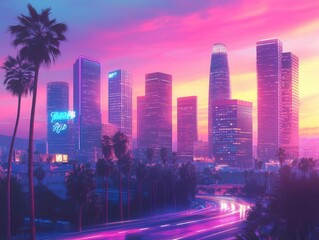 Fototapeta premium A lively city skyline at sunset with palm trees, retrofuturistic architecture, and soft pastel hues blending with neon signs 80s synthwave vibes