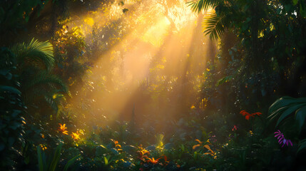 A serene rainforest at dawn with soft sunlight breaking through the misty canopy. A few shafts of light illuminate patches of the dense underbrush, highlighting dewdrops on leaves and the vibrant