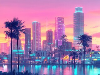 Fototapeta premium A lively city skyline at sunset with palm trees, retrofuturistic architecture, and soft pastel hues blending with neon signs 80s synthwave vibes