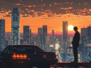 A sunset over a bustling 1980s Japanese city