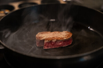 frying pan with meat