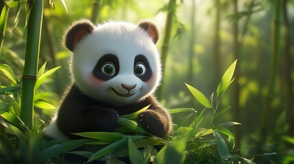 Cartoon panda peeking through tall bamboo trees in a forest