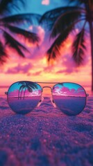 Closeup of vintage sunglasses reflecting a colorful 80s beach sunset, with palm trees and neoncolored sky, on a sandy background, perfect for summer vibes