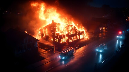 Fototapeta premium Nighttime house fire in a quiet suburb, fire trucks and police cars surrounding the scene, bright flames reflecting off nearby homes, photo-realistic, deep shadows, insurance scenario