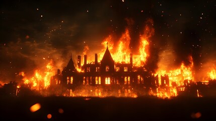 Nighttime inferno consuming a grand old mansion, ash and sparks fill the sky, dramatic flames reflected in broken windows, Gothic, dark, high detail, 3D rendering